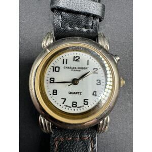 Vintage Charles Hubert Paris Black Leather Band White Dial Watch Japan Mov't